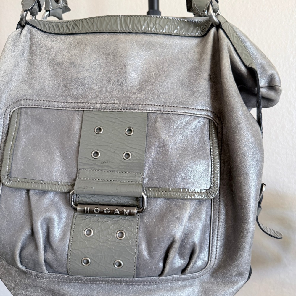 Hogan by TOD's Gray Metallic Leather‎ Hobo Bag Chunky Moto Shoulder Bag - Picture 2 of 11